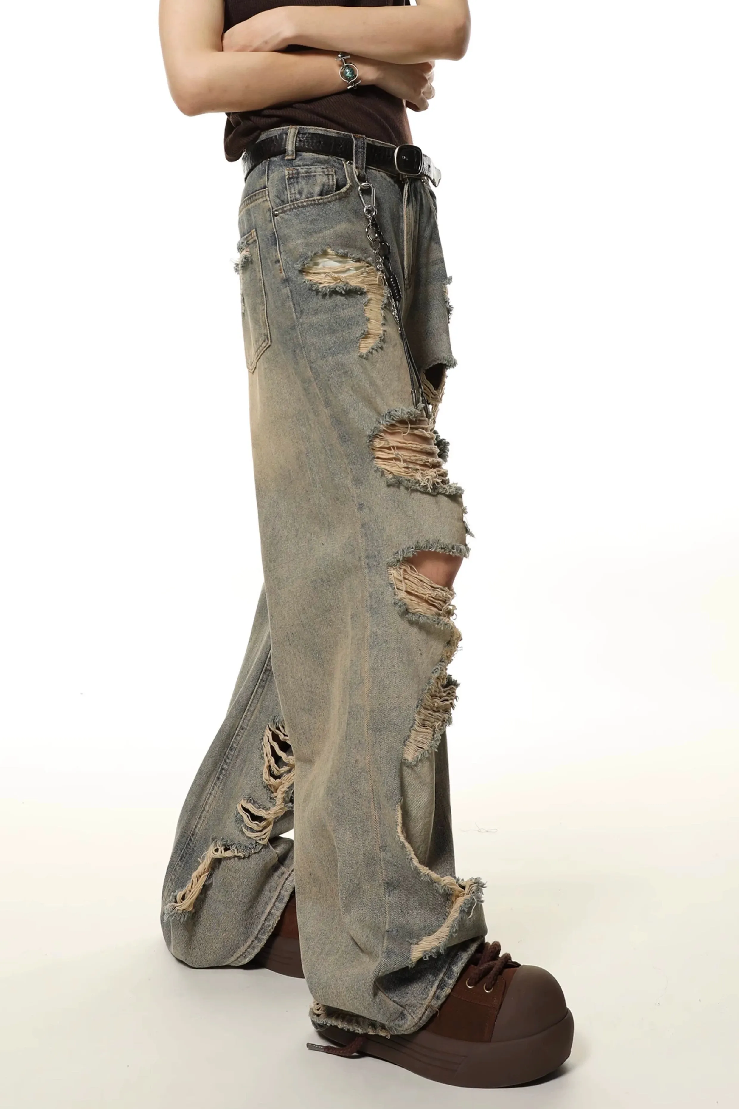 Extra-Distressed Vintage Wash Wide-Leg Jeans