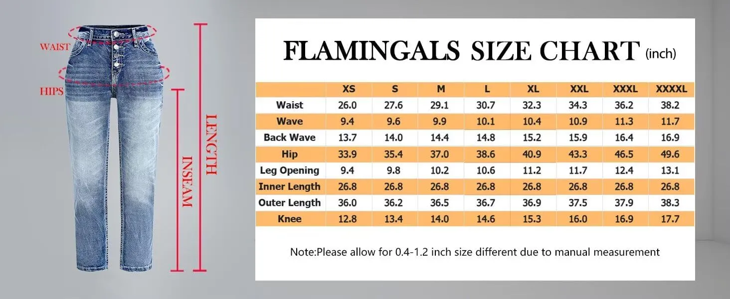 Flamingals Women's Mid Waisted Button Fly Straight Leg Front Jeans Topstitching Ripped Casual Denim Pants