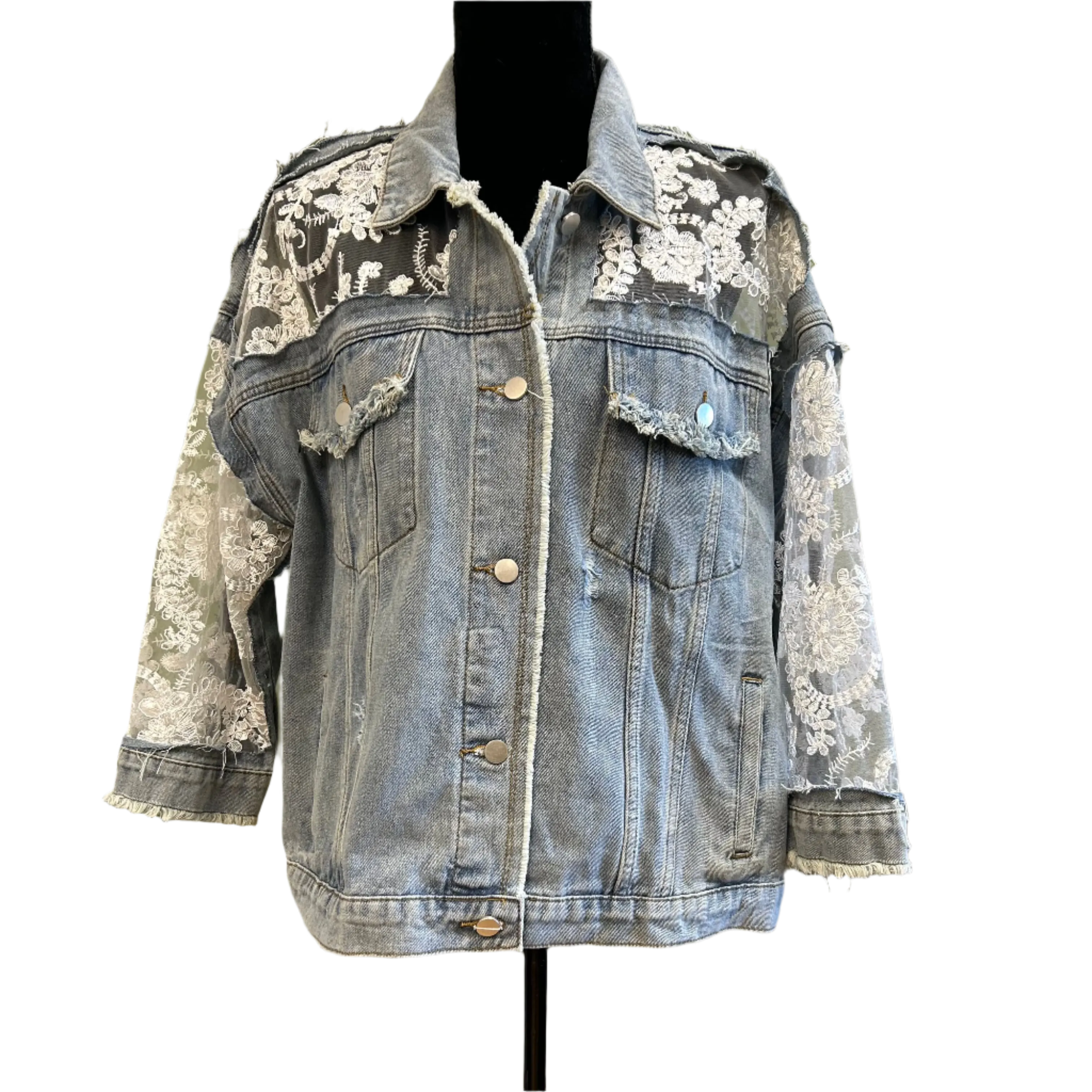 Floral Embroidery Lace Ripped Jean Jacket
