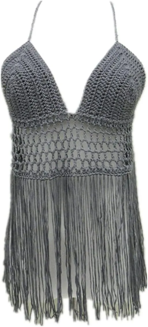 Fringe Bikini Halter Crop Top Handmade Crochet Swimsuit Summer Beachwear