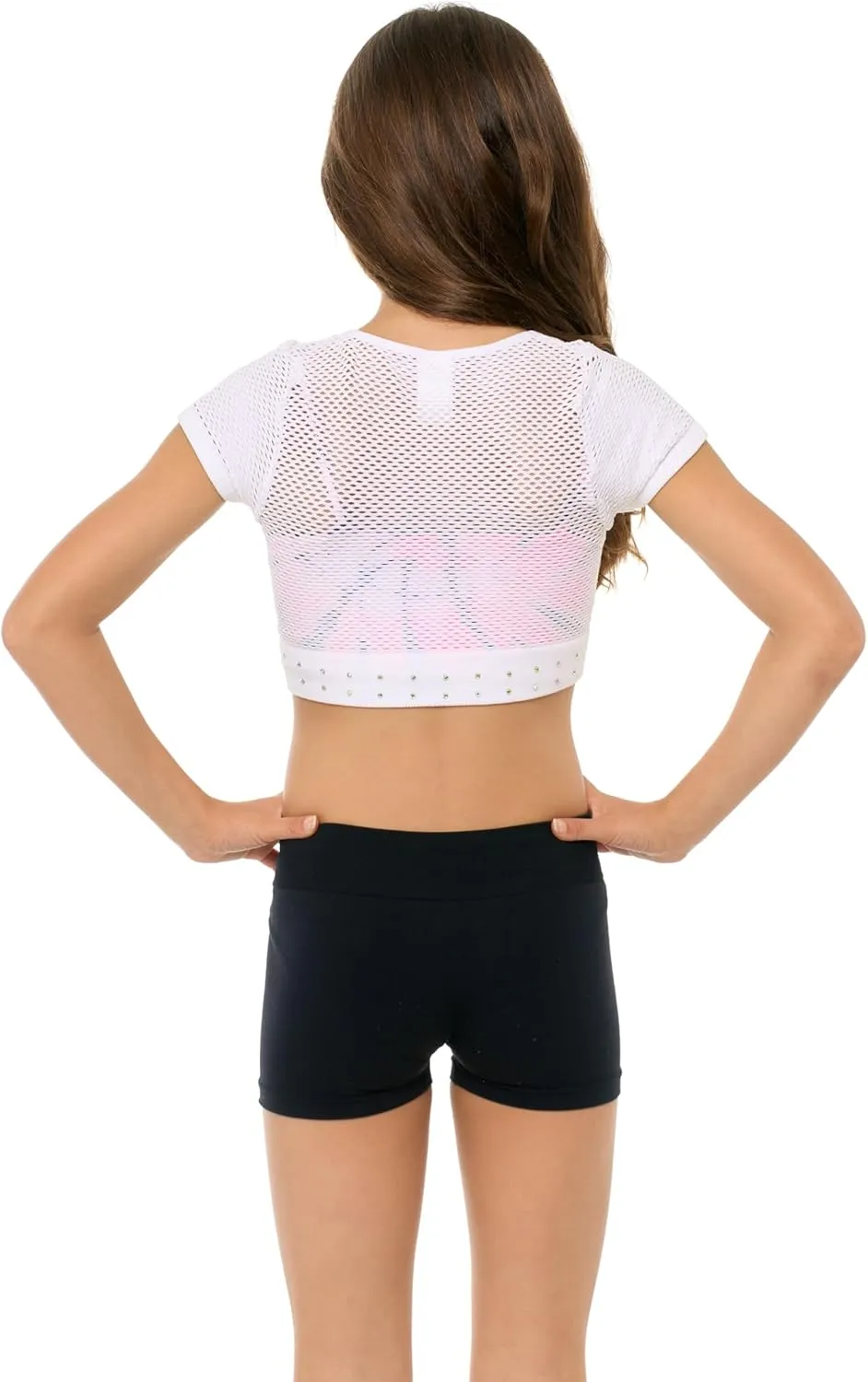 Girls Short Sleeve Mesh Crop Top with Sparkling Rhinestones - Breathable Dance Style Mesh Top for Girls Age 7-14