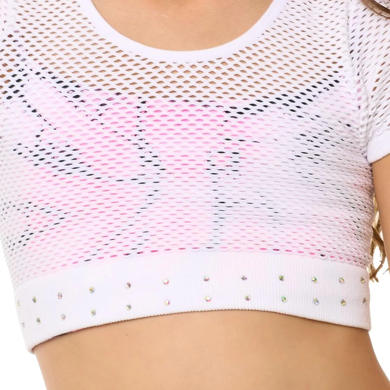 Girls Short Sleeve Mesh Crop Top with Sparkling Rhinestones - Breathable Dance Style Mesh Top for Girls Age 7-14