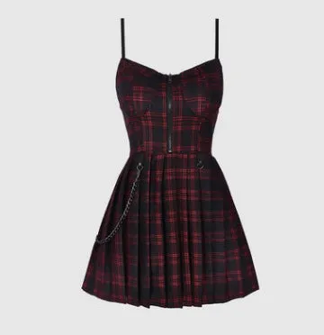 Gothic Grunge Spaghetti Strap Plaid Mini Dress Street Hipster Pleated Skirt