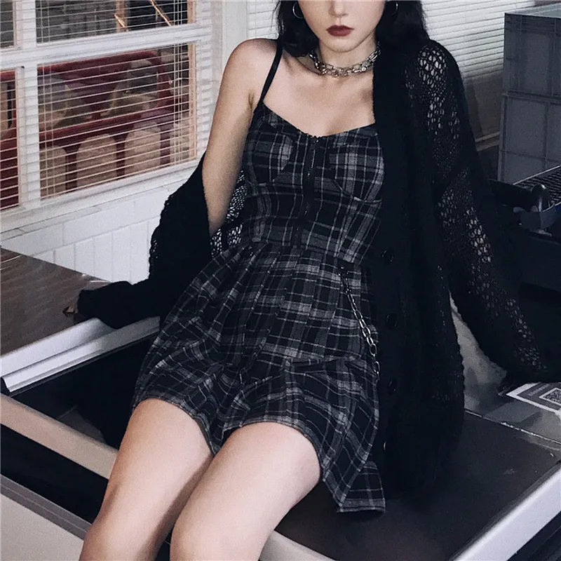 Gothic Grunge Spaghetti Strap Plaid Mini Dress Street Hipster Pleated Skirt
