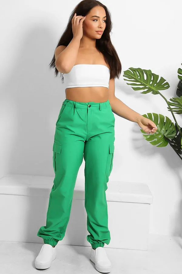 GREEN UTILITY HIP POCKETS ELASTICATED HEM CARGO PANTS