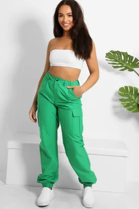 GREEN UTILITY HIP POCKETS ELASTICATED HEM CARGO PANTS