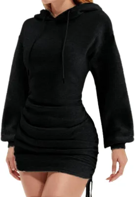 HGps8w Women's Hoodie Dresses Long Sleeve Drawstring Ruched Side Pullover Bodycon Short Sweatshirt Dress