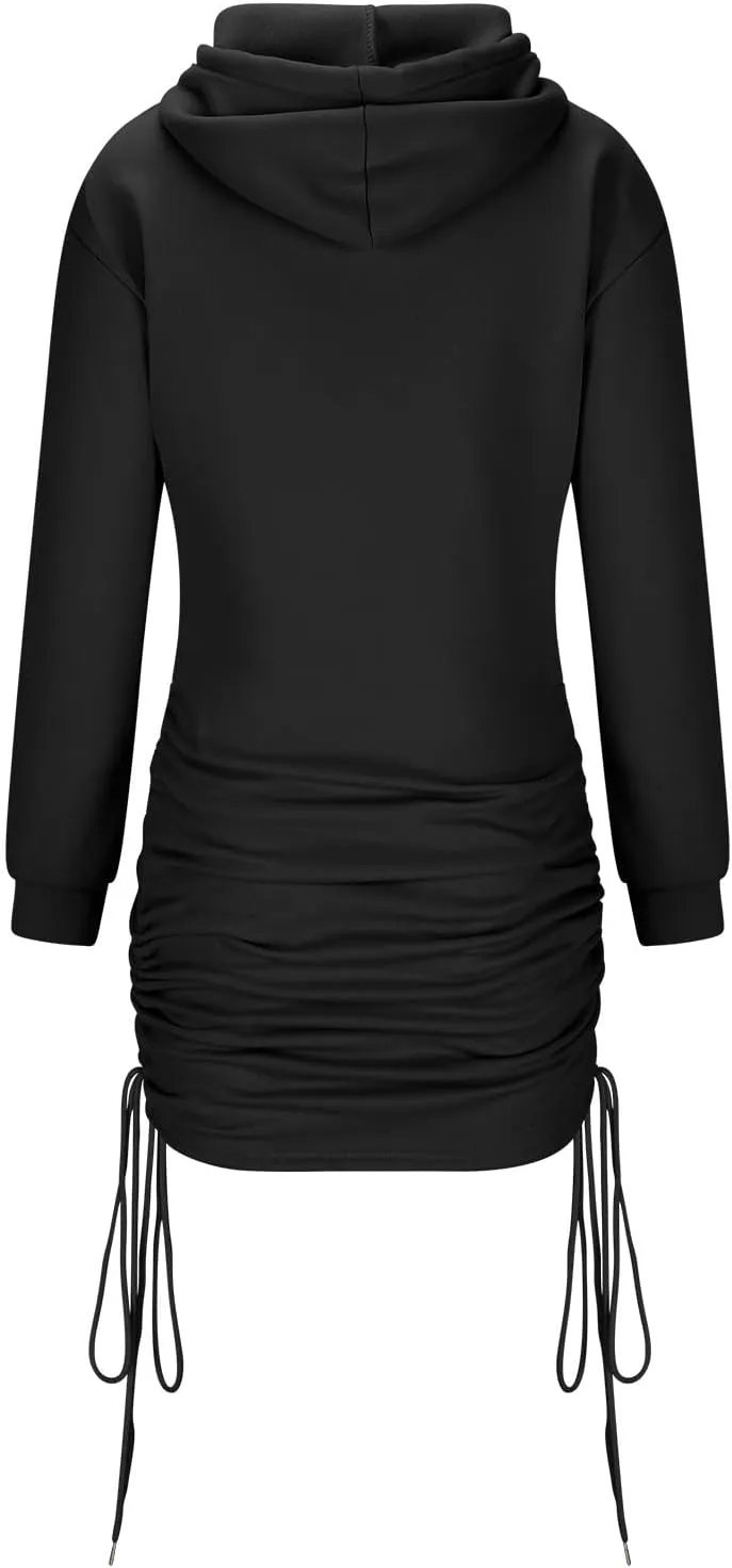 HGps8w Women's Hoodie Dresses Long Sleeve Drawstring Ruched Side Pullover Bodycon Short Sweatshirt Dress