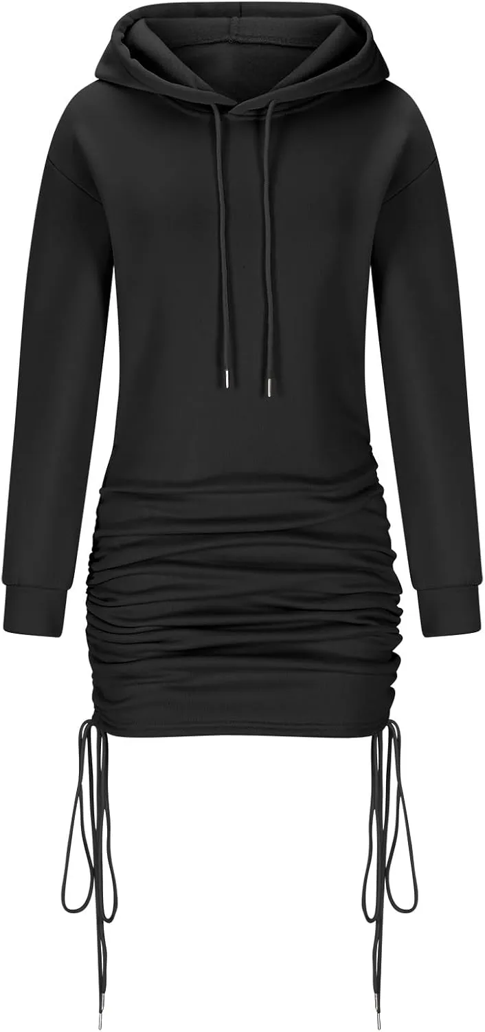HGps8w Women's Hoodie Dresses Long Sleeve Drawstring Ruched Side Pullover Bodycon Short Sweatshirt Dress