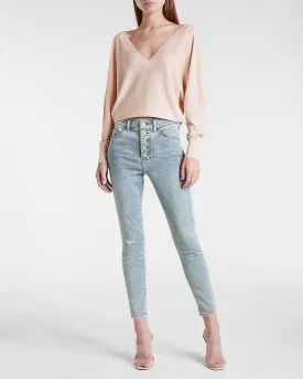 High Waisted Supersoft Knit Button Fly Ripped Skinny Jeans in Medium Wash