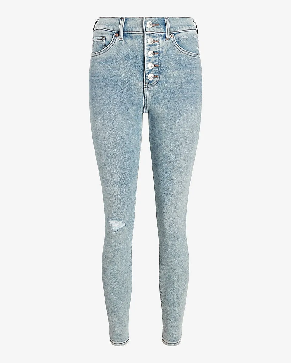 High Waisted Supersoft Knit Button Fly Ripped Skinny Jeans in Medium Wash