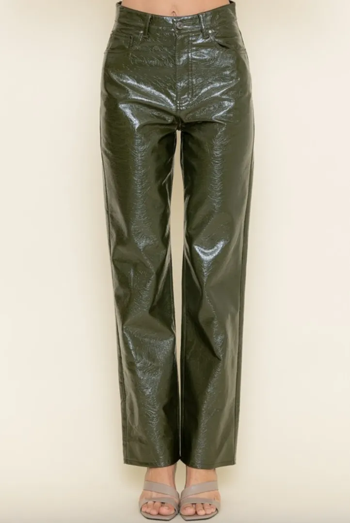 High Waisted Wide Leg Glossy Leather Pants
