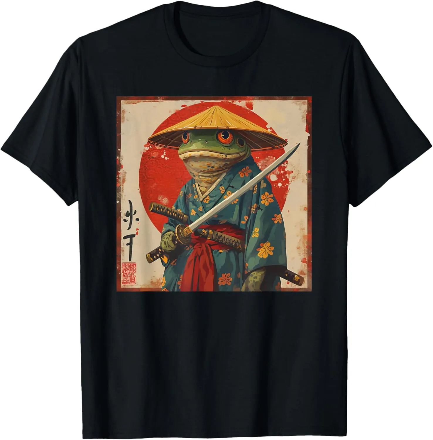 Japanese Woodblock Art: Samurai Frog Japanese kanji T-Shirt