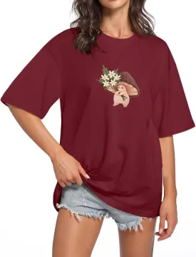 KEEVICI Women Cute Mushroom Oversized T Shirt Kawaii Graphic Cottagecore Tee Cotton Crewneck Short Sleeve Tops Teens