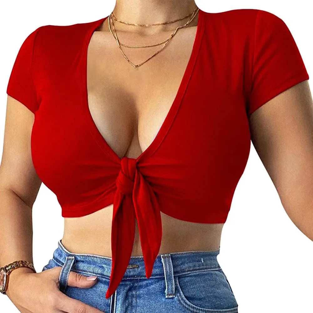 LCNBA Deep V Neck Short Sleeve Crop Top,Bandage Cross Wrap Tie Up Crop Tops