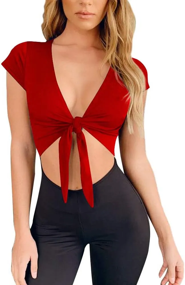 LCNBA Deep V Neck Short Sleeve Crop Top,Bandage Cross Wrap Tie Up Crop Tops