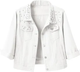 Locachy Womens 3/4 Sleeve Short Embroidered Rivet Pearl Denim Jacket Button Down Cropped Denim Jean Jacket Coat