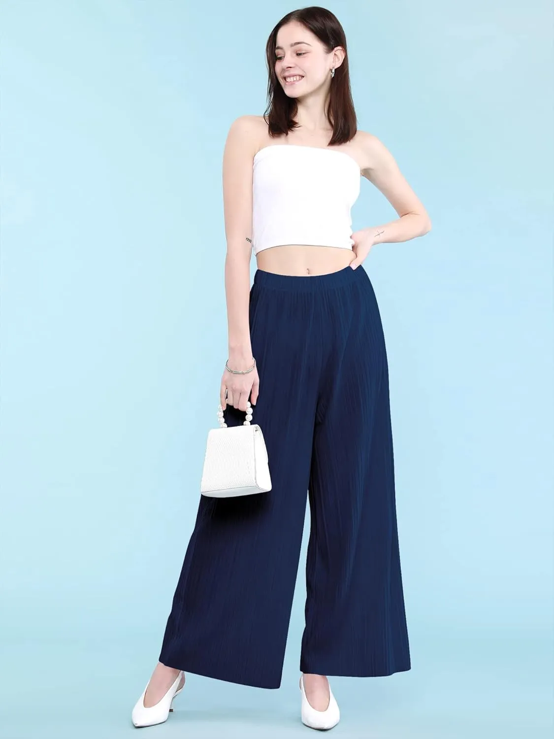 Lock and Love Womens Pleated Wide Leg Palazzo Maxi Pants with Drawstring or Elastic Band