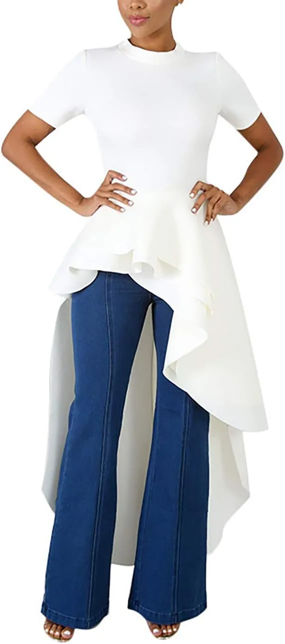 Lrady Womens Casual Shirt Dress High Low Irregular Ruffle Hem Blouse Asymmetrical Peplum Long Tunic Tops