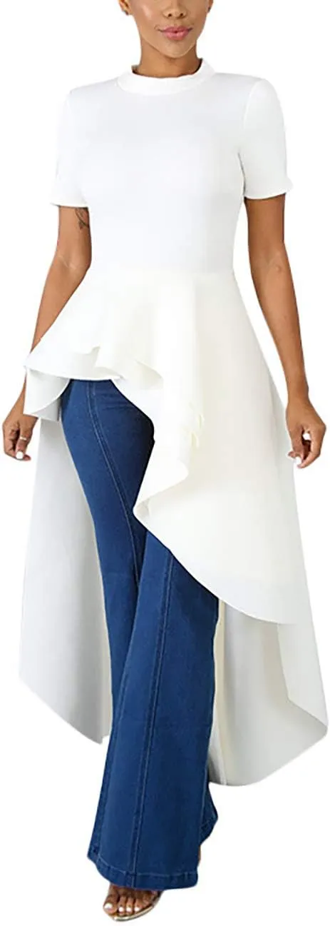 Lrady Womens Casual Shirt Dress High Low Irregular Ruffle Hem Blouse Asymmetrical Peplum Long Tunic Tops