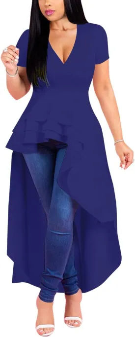 Lrady Womens V Neck Short Sleeve High Low Cocktail Party Dresses Peplum Tunic Tops Shirt Dress