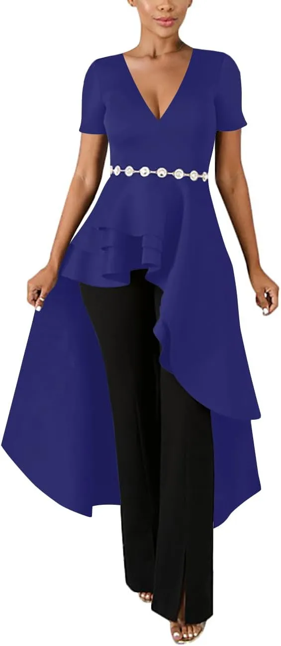 Lrady Womens V Neck Short Sleeve High Low Cocktail Party Dresses Peplum Tunic Tops Shirt Dress