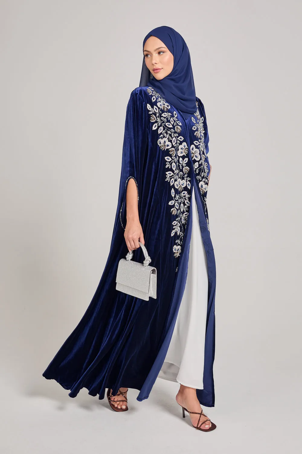 Luxury Sapphire Blue Velvet Embellished Cape