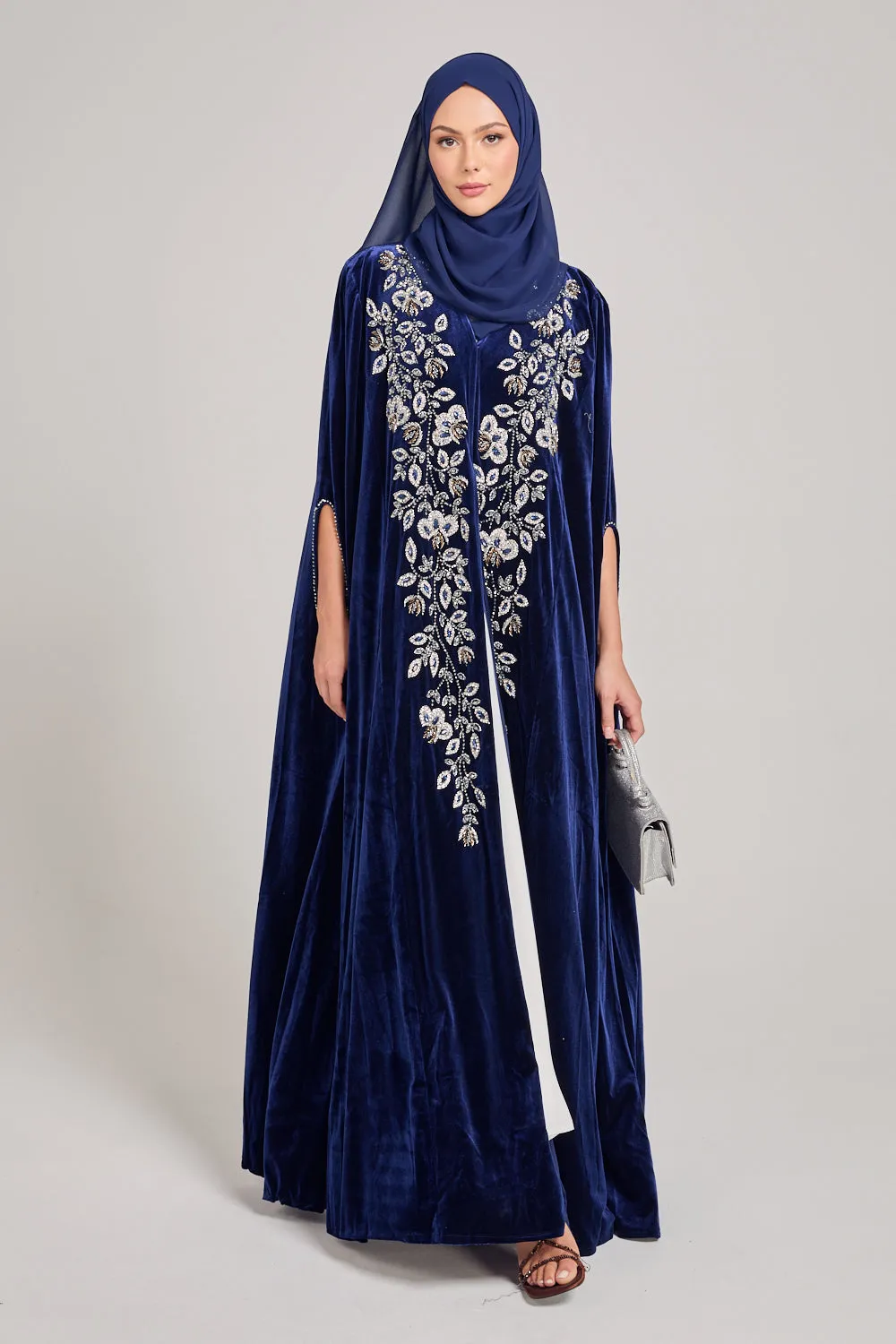 Luxury Sapphire Blue Velvet Embellished Cape