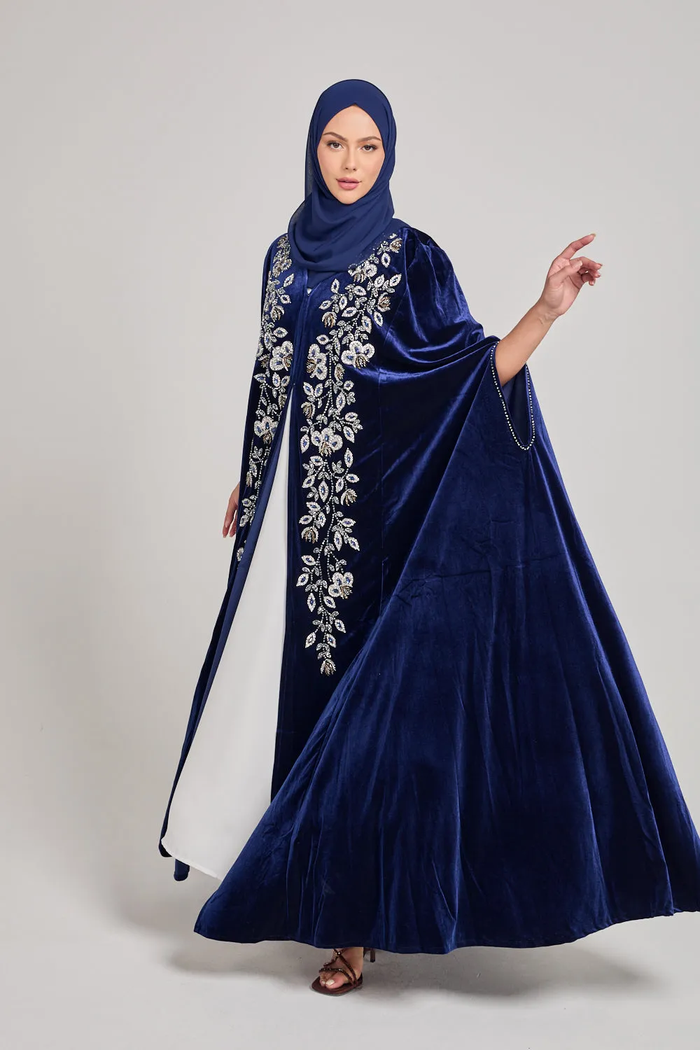 Luxury Sapphire Blue Velvet Embellished Cape