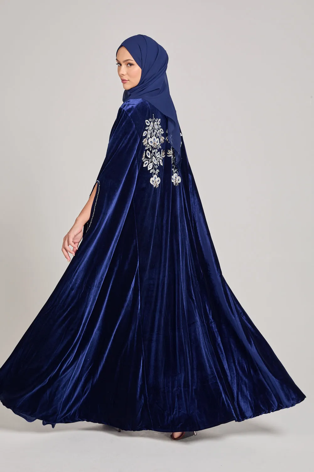 Luxury Sapphire Blue Velvet Embellished Cape