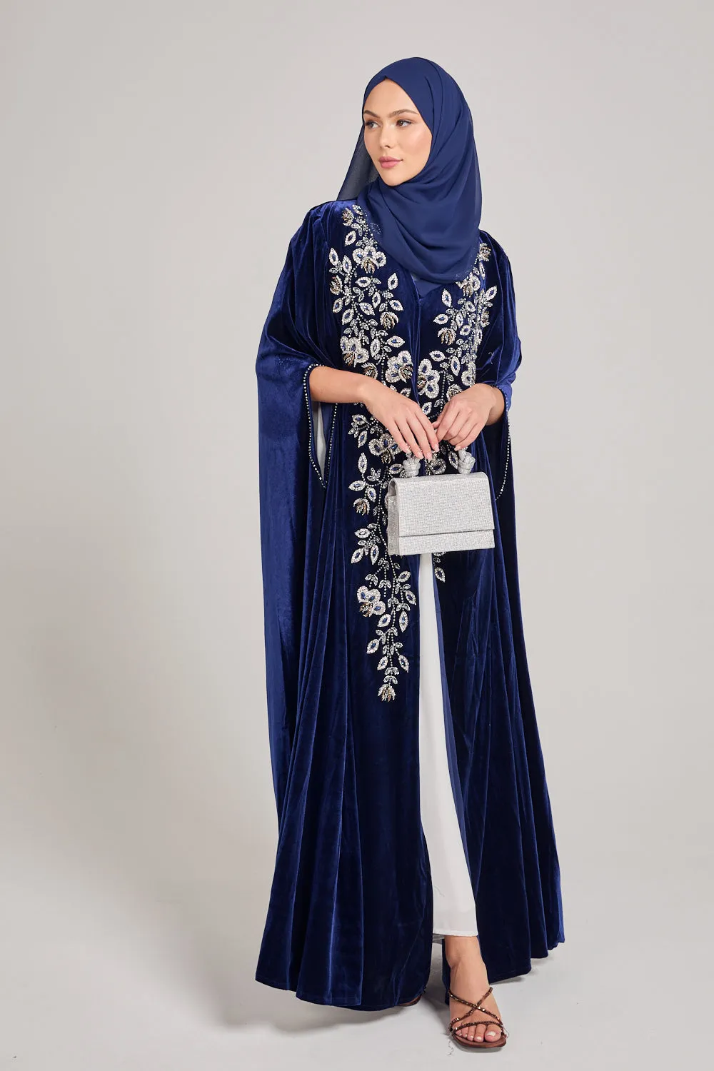Luxury Sapphire Blue Velvet Embellished Cape