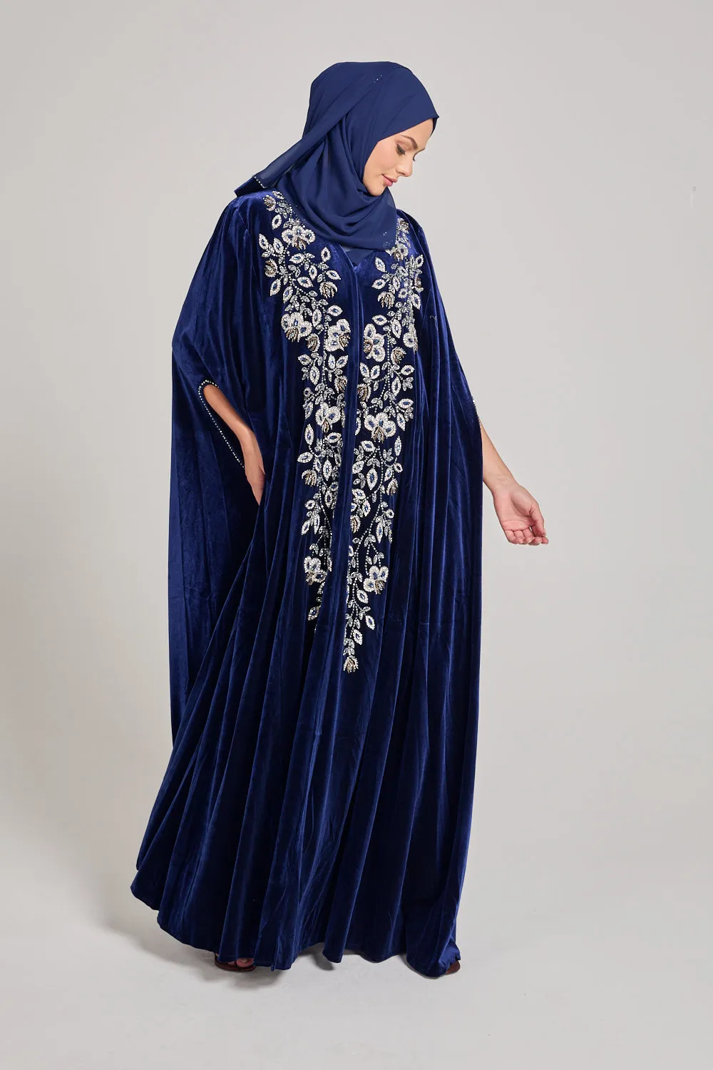 Luxury Sapphire Blue Velvet Embellished Cape