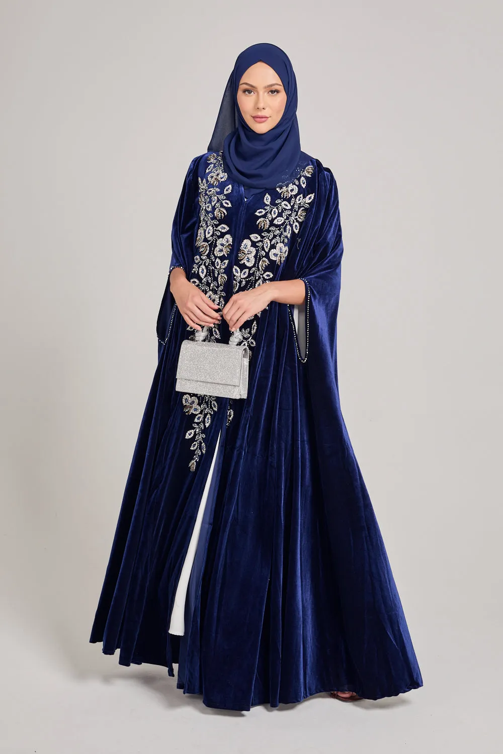Luxury Sapphire Blue Velvet Embellished Cape