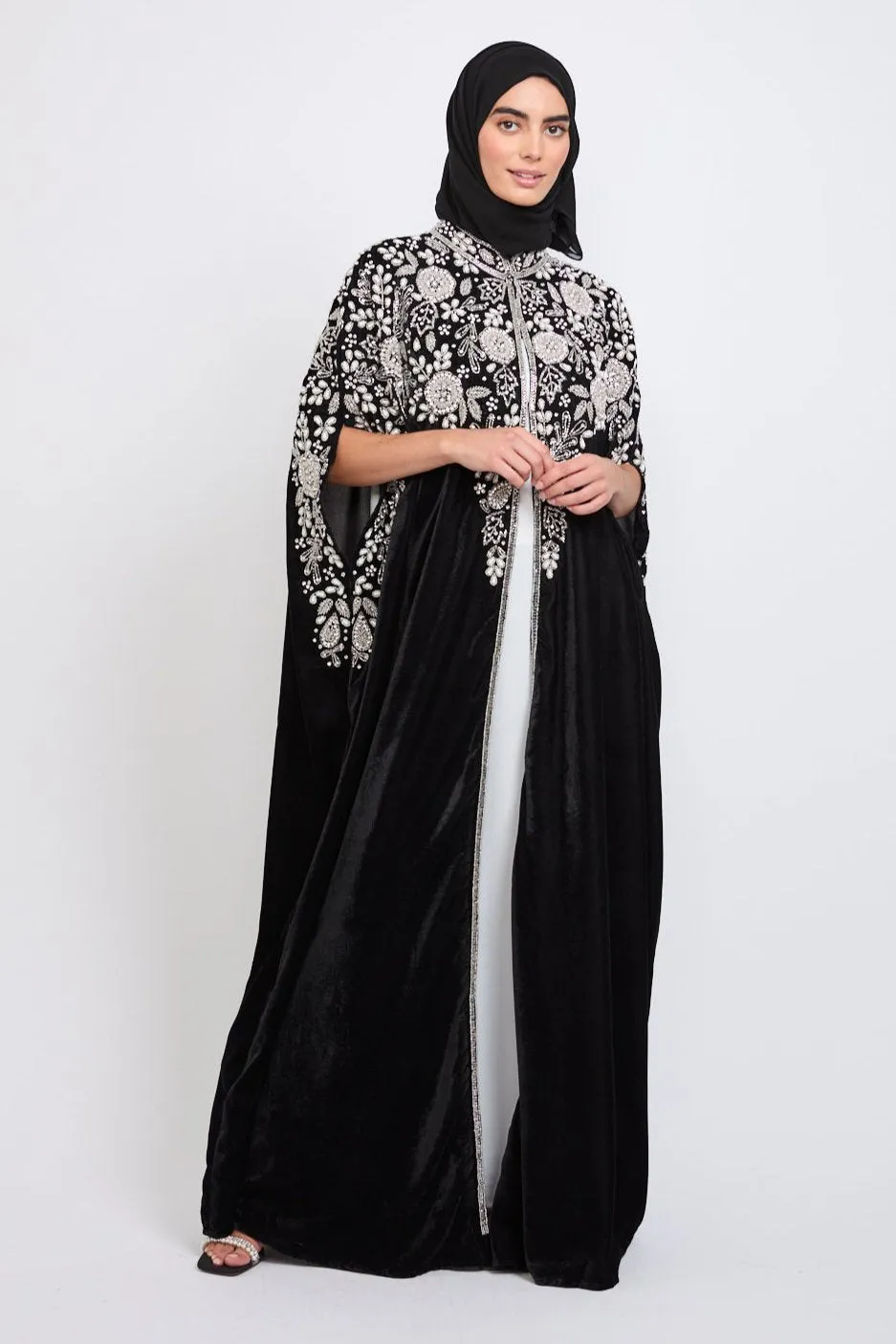 Luxury Velvet Embellished Cape with Pearls & Crystals - Black