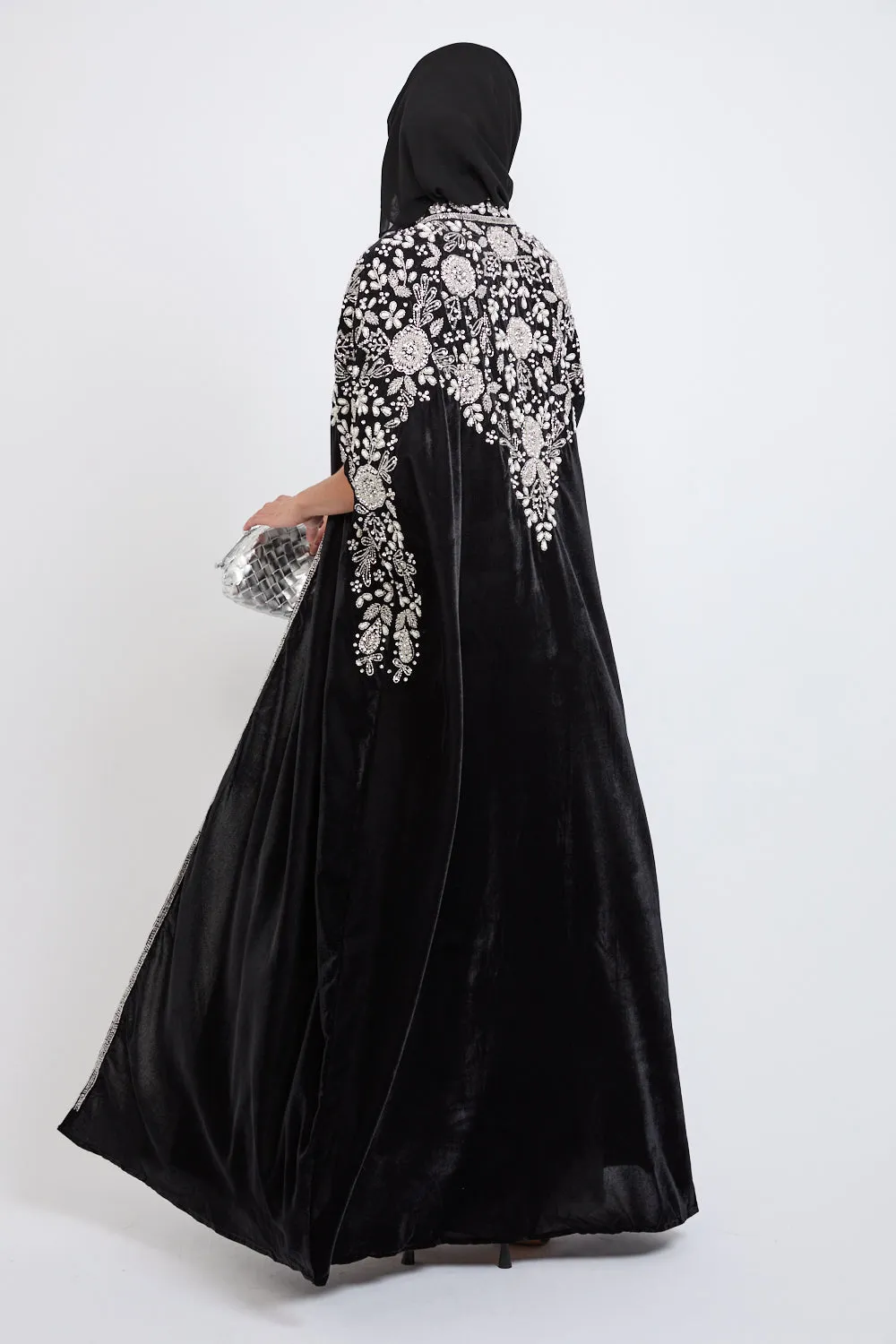 Luxury Velvet Embellished Cape with Pearls & Crystals - Black