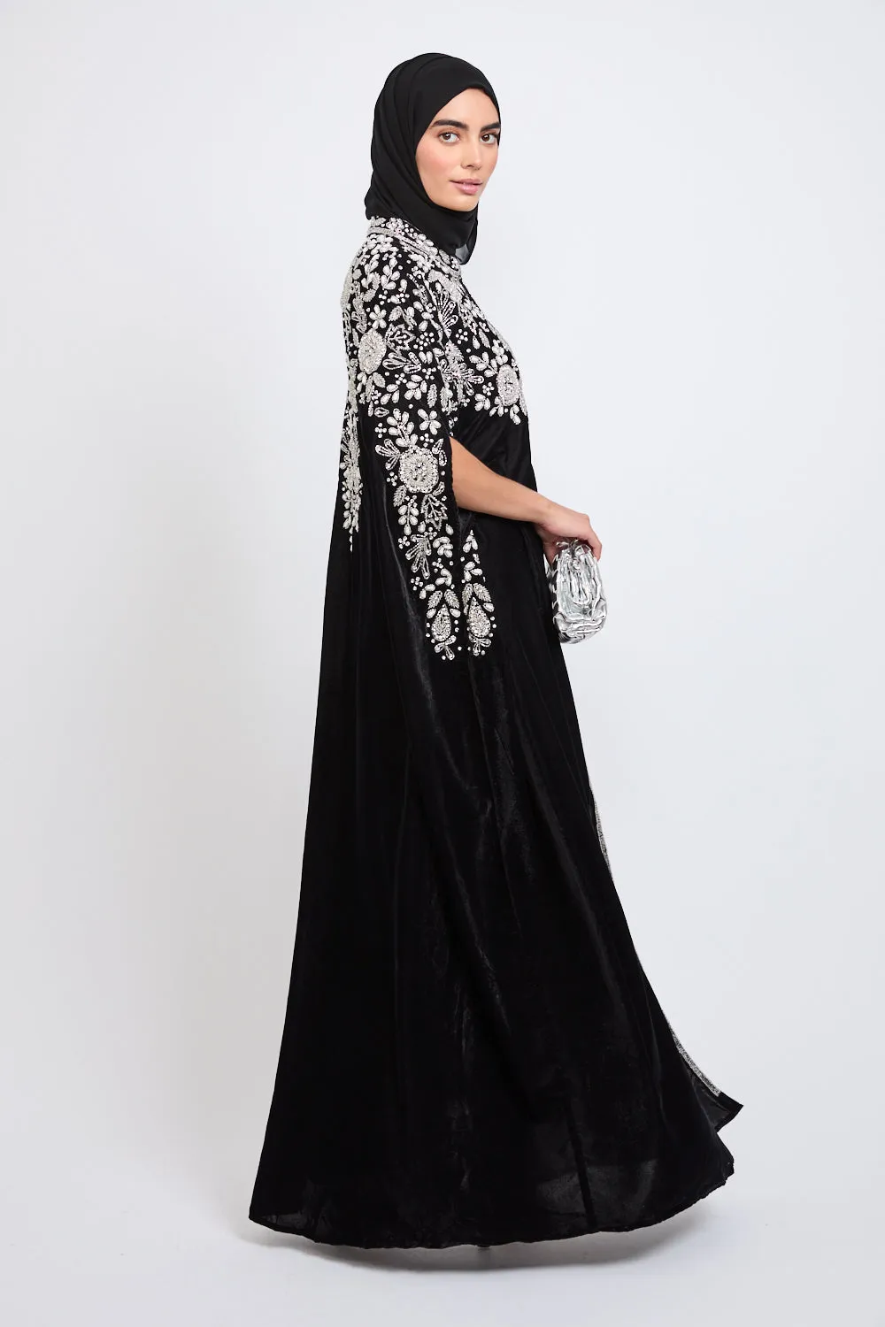 Luxury Velvet Embellished Cape with Pearls & Crystals - Black
