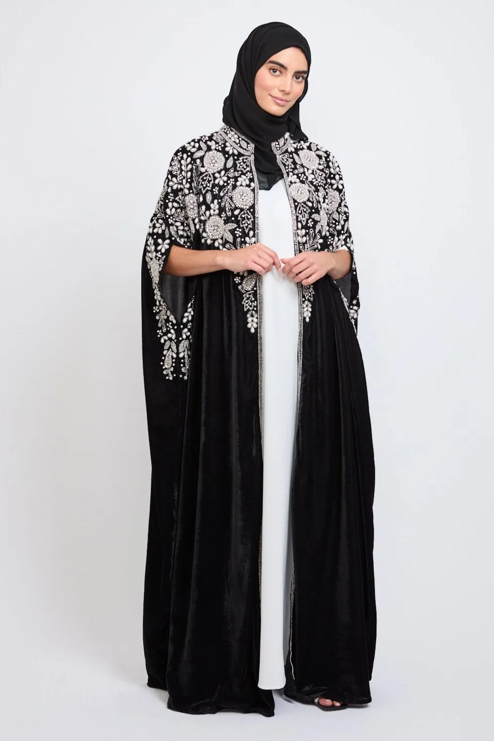 Luxury Velvet Embellished Cape with Pearls & Crystals - Black