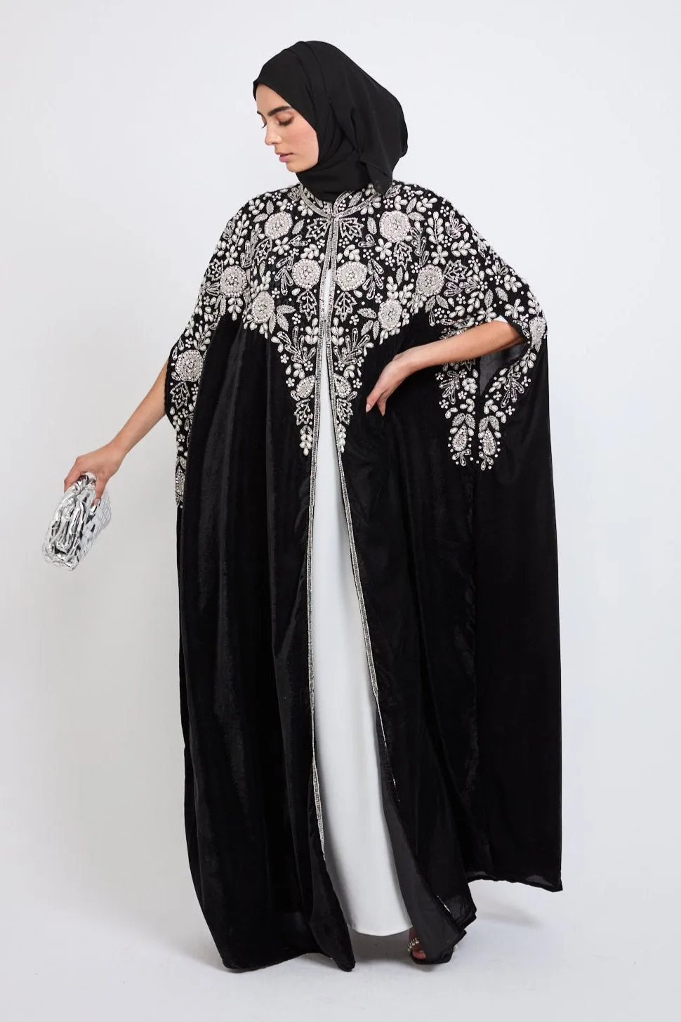 Luxury Velvet Embellished Cape with Pearls & Crystals - Black