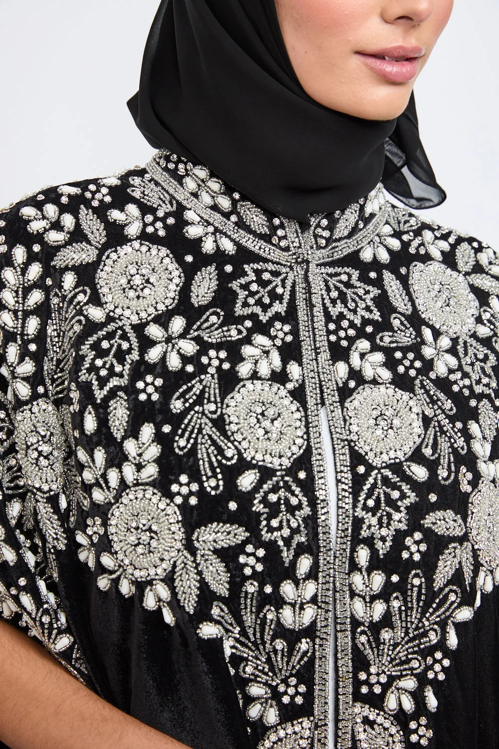 Luxury Velvet Embellished Cape with Pearls & Crystals - Black