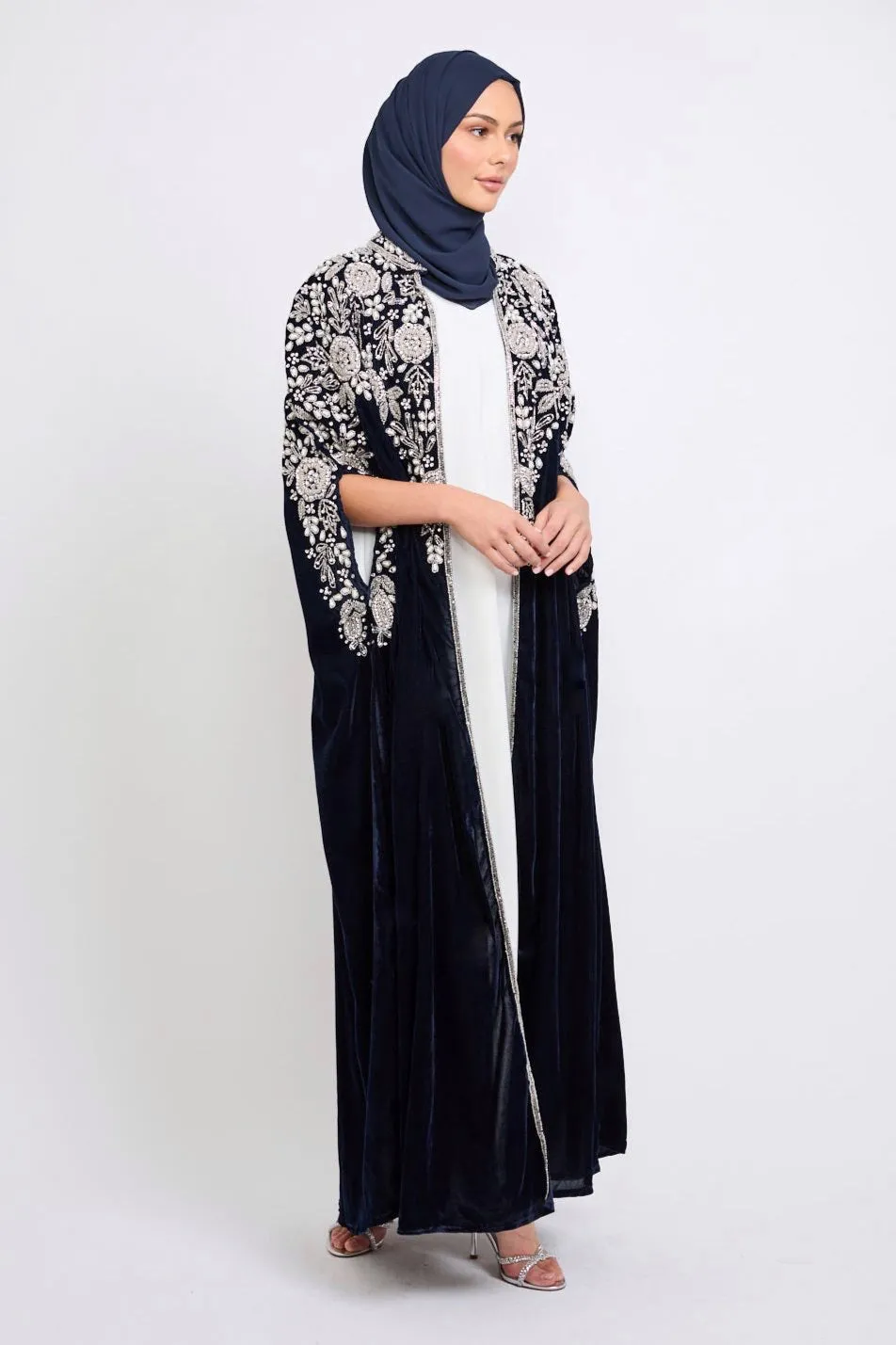 Luxury Velvet Embellished Cape with Pearls & Crystals - Navy