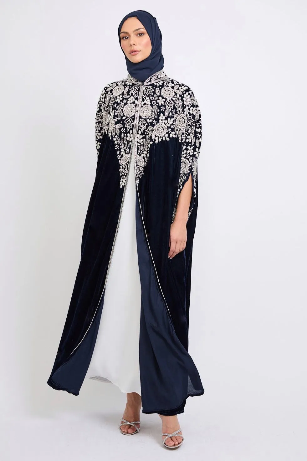 Luxury Velvet Embellished Cape with Pearls & Crystals - Navy