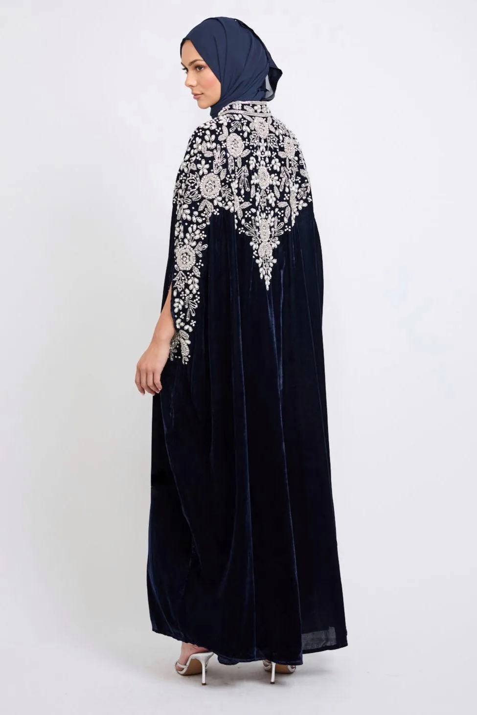 Luxury Velvet Embellished Cape with Pearls & Crystals - Navy