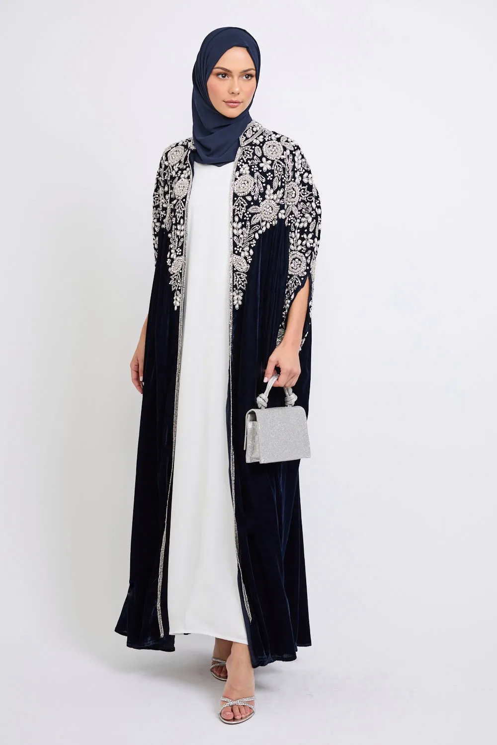 Luxury Velvet Embellished Cape with Pearls & Crystals - Navy