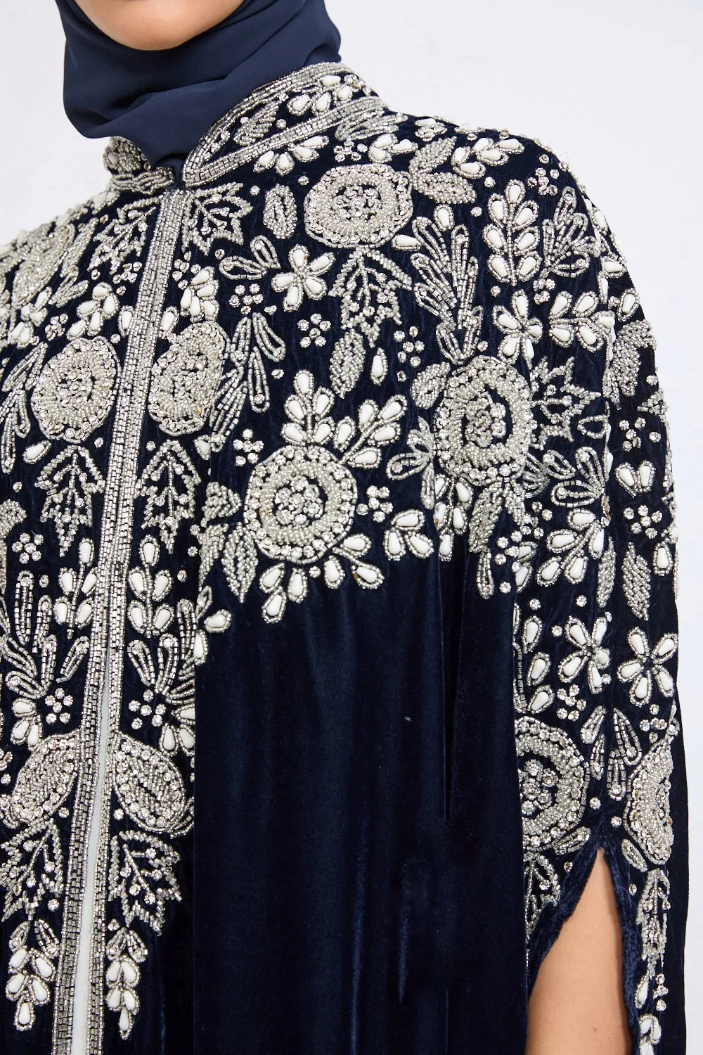 Luxury Velvet Embellished Cape with Pearls & Crystals - Navy