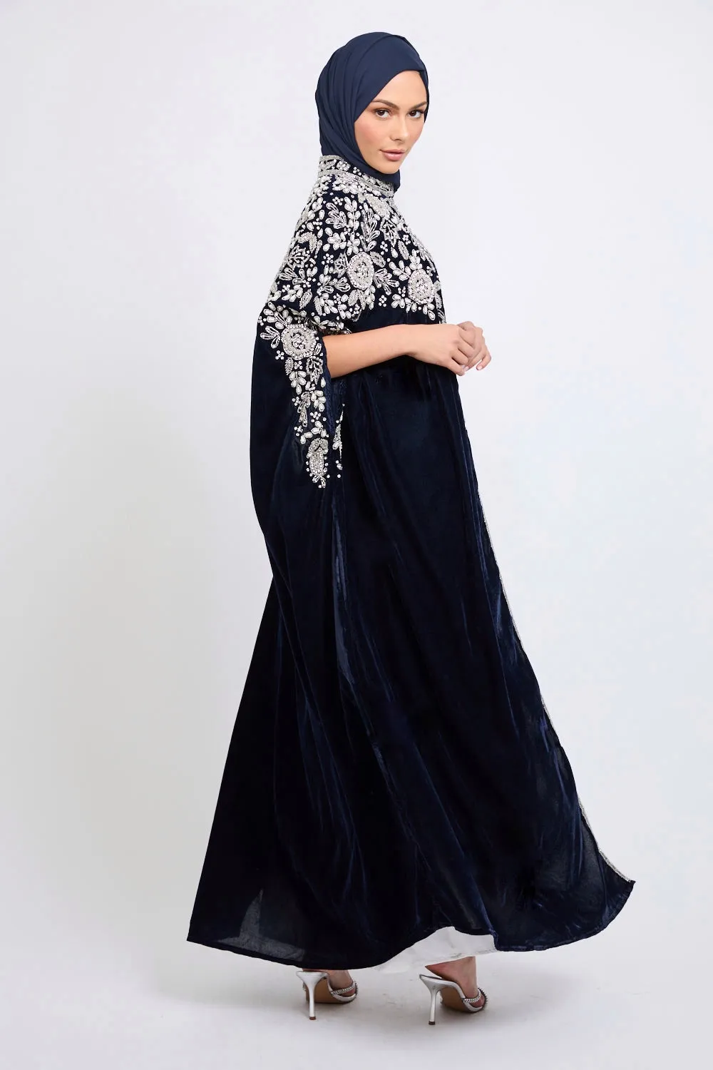 Luxury Velvet Embellished Cape with Pearls & Crystals - Navy