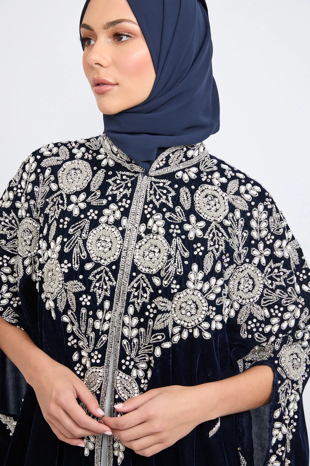 Luxury Velvet Embellished Cape with Pearls & Crystals - Navy