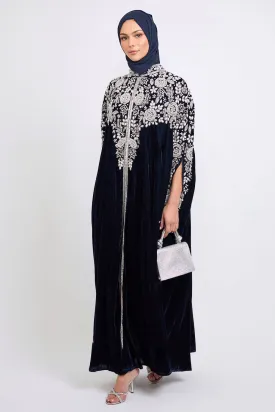 Luxury Velvet Embellished Cape with Pearls & Crystals - Navy