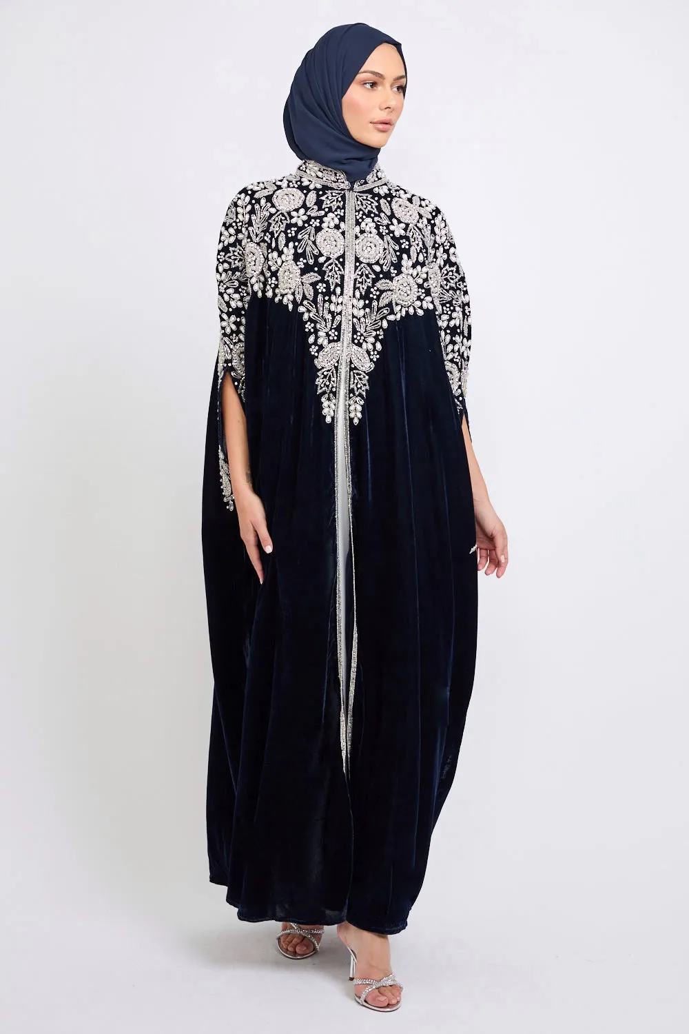 Luxury Velvet Embellished Cape with Pearls & Crystals - Navy
