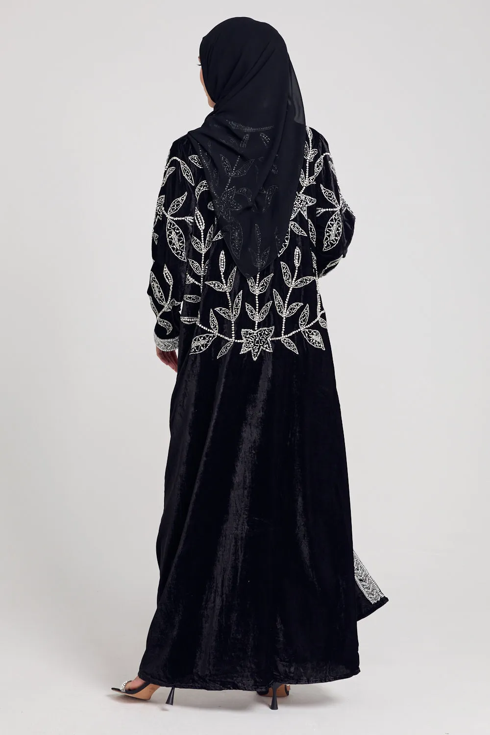 Luxury Velvet Pearl Embellished Open Abaya