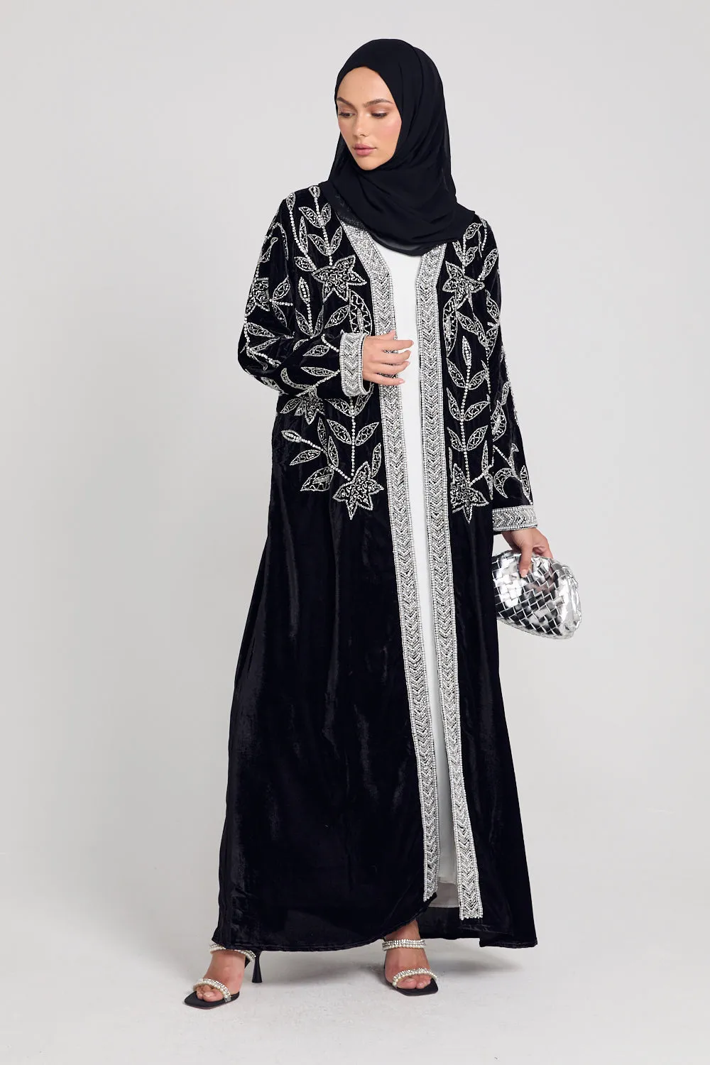 Luxury Velvet Pearl Embellished Open Abaya